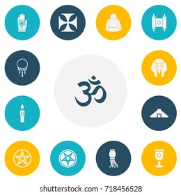 Set Of 13 Editable Religion Icons. Includes Symbols Such As Fire Wax, Baphomet Symbol, David Star And More. Can Be Used For Web, Mobile, UI And Infographic Design.