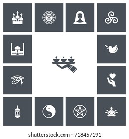 Set Of 13 Editable Religion Icons. Includes Symbols Such As Candle Light, Pigeon, Egypt God. Can Be Used For Web, Mobile, UI And Infographic Design.