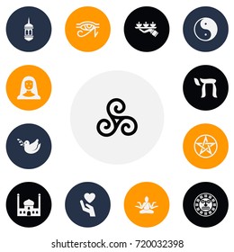 Set Of 13 Editable Religion Icons. Includes Symbols Such As Candle Light, Taoism, Pigeon. Can Be Used For Web, Mobile, UI And Infographic Design.