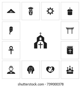 Set Of 13 Editable Religion Icons. Includes Symbols Such As Shinto, Female, Church And More. Can Be Used For Web, Mobile, UI And Infographic Design.