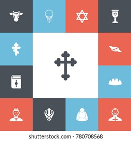 Set of 13 editable religion icons. Includes symbols such as christian cross, cleric, chinese wealth talisman and more. Can be used for web, mobile, UI and infographic design.