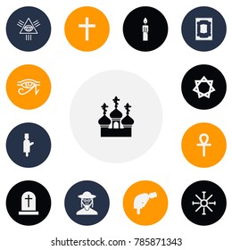 Set of 13 editable religion icons. Includes symbols such as david star, islamic pray, eye of providence and more. Can be used for web, mobile, UI and infographic design.