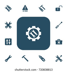 Set Of 13 Editable Repair Icons. Includes Symbols Such As Handle Hit, Caution, Settings. Can Be Used For Web, Mobile, UI And Infographic Design.