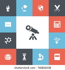 Set Of 13 Editable School Icons. Includes Symbols Such As Optical Instrument, Literature, Atom And More. Can Be Used For Web, Mobile, UI And Infographic Design.