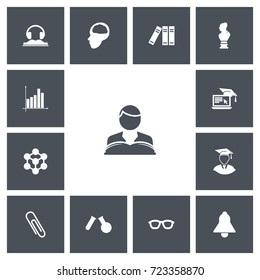 Set Of 13 Editable Science Icons. Includes Symbols Such As Cerebrum, Bookshelf, Spectacles And More. Can Be Used For Web, Mobile, UI And Infographic Design.