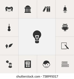 Set Of 13 Editable Science Icons. Includes Symbols Such As Calculator, Novel, Fiddle And More. Can Be Used For Web, Mobile, UI And Infographic Design.
