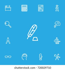 Set Of 13 Editable Science Outline Icons. Includes Symbols Such As Helm, Magnifier, Arithmetic And More. Can Be Used For Web, Mobile, UI And Infographic Design.