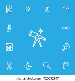 Set Of 13 Editable Science Outline Icons. Includes Symbols Such As Goggles, Eyepiece, Magnifier And More. Can Be Used For Web, Mobile, UI And Infographic Design.