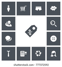Set of 13 editable shopping icons. Includes symbols such as button, shorts, card reader and more. Can be used for web, mobile, UI and infographic design.