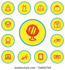Set Of 13 Editable Shopping Outline Icons. Includes Symbols Such As Reward, Online Shopping, Smartphone And More. Can Be Used For Web, Mobile, UI And Infographic Design.