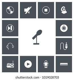 Set of 13 editable song icons. Includes symbols such as vinyl, call center, stop and more. Can be used for web, mobile, UI and infographic design.