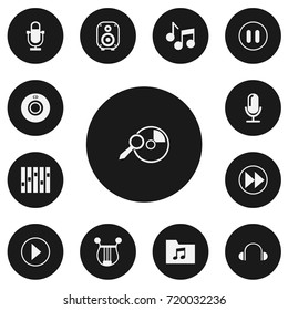 Set Of 13 Editable Song Icons. Includes Symbols Such As Start Audio, Equalizer, Rewind And More. Can Be Used For Web, Mobile, UI And Infographic Design.