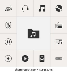 Set Of 13 Editable Sound Icons. Includes Symbols Such As Pianoforte, Dossier, Musical Symbol And More. Can Be Used For Web, Mobile, UI And Infographic Design.