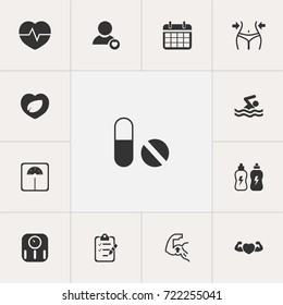 Set Of 13 Editable Sport Icons. Includes Symbols Such As Slimming, Energetic Beverage, Weight Measurement And More. Can Be Used For Web, Mobile, UI And Infographic Design.