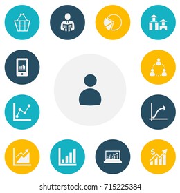 Set Of 13 Editable Statistic Icons. Includes Symbols Such As Architecture, Pie Graphic, Trading Purse And More. Can Be Used For Web, Mobile, UI And Infographic Design.