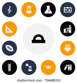 Set Of 13 Editable Teach Icons. Includes Symbols Such As Semicircle Ruler, Chemistry, Flask And More. Can Be Used For Web, Mobile, UI And Infographic Design.