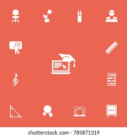 Set of 13 editable teach icons. Includes symbols such as reading man, math trigon, abacus and more. Can be used for web, mobile, UI and infographic design.