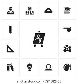 Set of 13 editable teach icons. Includes symbols such as knowledge, palette brush, tube and more. Can be used for web, mobile, UI and infographic design.