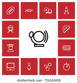 Set Of 13 Editable Teach Outline Icons. Includes Symbols Such As Jumping, Academic Hat, Rugby And More. Can Be Used For Web, Mobile, UI And Infographic Design.