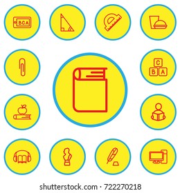 Set Of 13 Editable Teach Outline Icons. Includes Symbols Such As Teaching, Apple, Encyclopedia And More. Can Be Used For Web, Mobile, UI And Infographic Design.