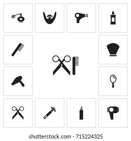 Set Of 13 Editable Tonsorial Artist Icons. Includes Symbols Such As Desiccator, Deodorant, Comb And More. Can Be Used For Web, Mobile, UI And Infographic Design.