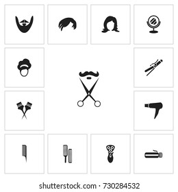 Set Of 13 Editable Tonsorial Artist Icons. Includes Symbols Such As Goatee, Barber, Blow Dryer And More. Can Be Used For Web, Mobile, UI And Infographic Design.