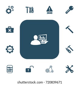 Set Of 13 Editable Toolkit Icons. Includes Symbols Such As Cogwheels, Arithmetic, Pliers Hammer And More. Can Be Used For Web, Mobile, UI And Infographic Design.