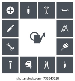 Set Of 13 Editable Tools Icons. Includes Symbols Such As Pruning Shears, Spanner, Putty Knife And More. Can Be Used For Web, Mobile, UI And Infographic Design.