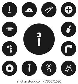 Set of 13 editable tools icons. Includes symbols such as screw, spade, medical instrument and more. Can be used for web, mobile, UI and infographic design.