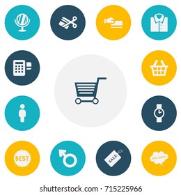 Set Of 13 Editable Trade Icons. Includes Symbols Such As Scissors, Sale Label, O Clock And More. Can Be Used For Web, Mobile, UI And Infographic Design.