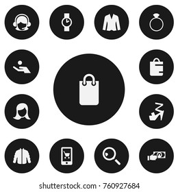 Set Of 13 Editable Trade Icons. Includes Symbols Such As Stiletto, Handbag, Purse. Can Be Used For Web, Mobile, UI And Infographic Design.