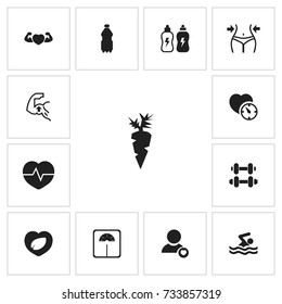 Set Of 13 Editable Training Icons. Includes Symbols Such As Leaf In Heart, Slimming, Profile And More. Can Be Used For Web, Mobile, UI And Infographic Design.