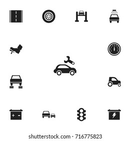 Set Of 13 Editable Transport Icons. Includes Symbols Such As Accumulator, Odometer, Service And More. Can Be Used For Web, Mobile, UI And Infographic Design.