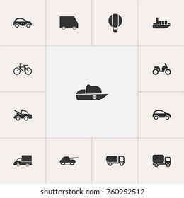 Set Of 13 Editable Transport Icons. Includes Symbols Such As Auto, Airship, Service Car And More. Can Be Used For Web, Mobile, UI And Infographic Design.