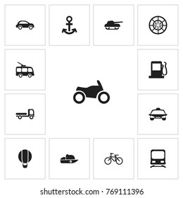 Set Of 13 Editable Transport Icons. Includes Symbols Such As Car Vehicle, Cycle, Motorbike And More. Can Be Used For Web, Mobile, UI And Infographic Design.