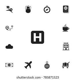 Set of 13 editable travel icons. Includes symbols such as global gps, island, hospital. Can be used for web, mobile, UI and infographic design.
