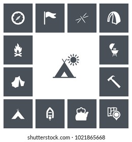 Set of 13 editable trip icons. Includes symbols such as circus, teapot, camp and more. Can be used for web, mobile, UI and infographic design.