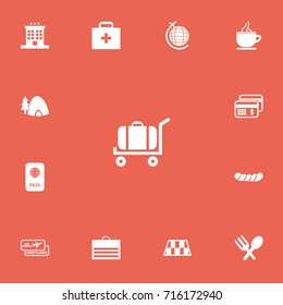 Set Of 13 Editable Trip Icons. Includes Symbols Such As Barrier, Bratwurst, Doctor Case And More. Can Be Used For Web, Mobile, UI And Infographic Design.