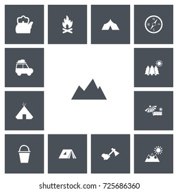 Set Of 13 Editable Trip Icons. Includes Symbols Such As Hatchet, Kettle, Peak And More. Can Be Used For Web, Mobile, UI And Infographic Design.