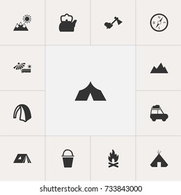 Set Of 13 Editable Trip Icons. Includes Symbols Such As Trailer, Pail, Landscape. Can Be Used For Web, Mobile, UI And Infographic Design.