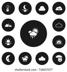 Set Of 13 Editable Weather Icons. Includes Symbols Such As Happy Man, Moon Up, Sunup And More. Can Be Used For Web, Mobile, UI And Infographic Design.