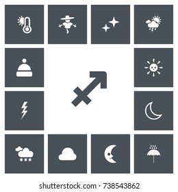 Set Of 13 Editable Weather Icons. Includes Symbols Such As Hot, Cloudburst, Smile Lunar And More. Can Be Used For Web, Mobile, UI And Infographic Design.
