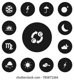Set of 13 editable weather icons. Includes symbols such as sundown, chill, umbrella and more. Can be used for web, mobile, UI and infographic design.