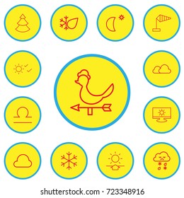 Set Of 13 Editable Weather Outline Icons. Includes Symbols Such As Breeze Vane, Overcast, Cloud And More. Can Be Used For Web, Mobile, UI And Infographic Design.