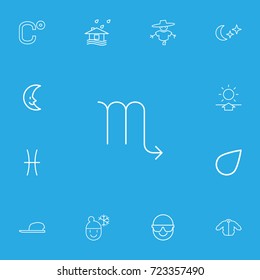 Set Of 13 Editable Weather Outline Icons. Includes Symbols Such As Sunup, Celsius, Lunar And More. Can Be Used For Web, Mobile, UI And Infographic Design.