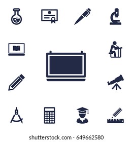Set Of 13 Education Icons Set.Collection Of Pencil, Drawing Tool, Student And Other Elements.