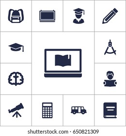 Set Of 13 Education Icons Set.Collection Of Binoculars, Academic Hat, Drawing Tool And Other Elements.