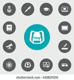 Set Of 13 Education Icons Set.Collection Of Certificate, Rucksack, Binoculars And Other Elements.
