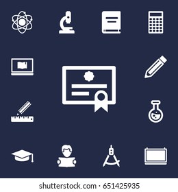 Set Of 13 Education Icons Set.Collection Of Blackboard, Reading, Molecule And Other Elements.