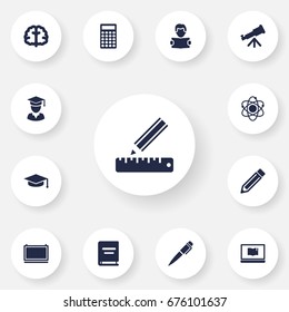 Set Of 13 Education Icons Set.Collection Of Drawing Tool, Textbook, Blackboard And Other Elements.